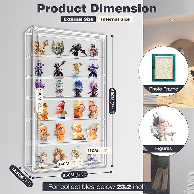 23.6 inch Tall Acrylic Display Case Clear Wall Mounted 6 Tier Acrylic Display Cases for Collectibles Figures Doll Dustproof Action Figure Storage Box 13.8'' x 4.7'' x 23.6''