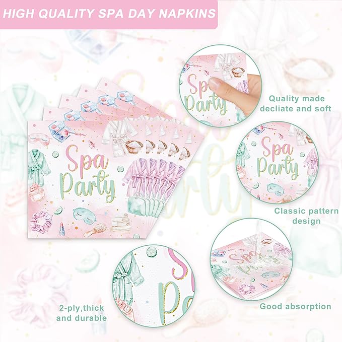 120PCS Spa Party Supplies Pink Makeup Themed Birthday Party Decorations for Girls Child Kids Slumber Sleepover Pajama Tableware Set Plates Napkins Cups Forks Knives for 20 Guests