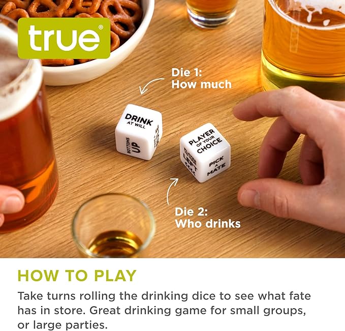 True Drinking Dice - Adult Party Games Drinking - Fun Drinking Games for Parties - Includes 2 Dice with Instructions - 2+ Players Dice Drinking Game