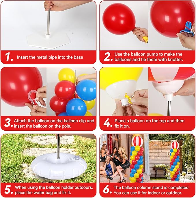 2 Sets Carnival Circus Balloon Column Stand Kit with 102 Balloons 5.57ft Adjustable Balloon Tower Stand with Bases Red and White Striped Balloons Arch Column for Carnival Birthday Party Supplies