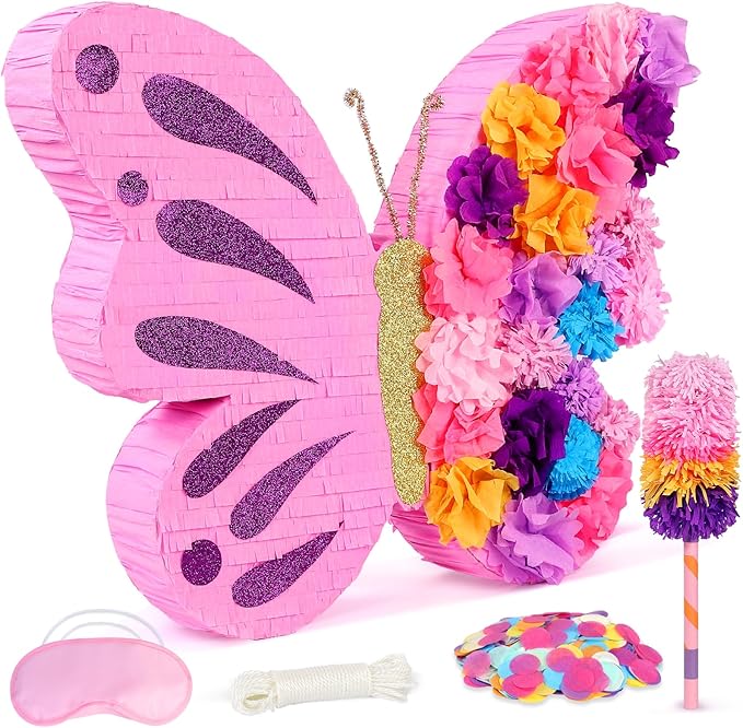 27" Extra Large Butterfly Pinata with Stick and Blindfold for Themed Party Decoration, Spring Party Supplies