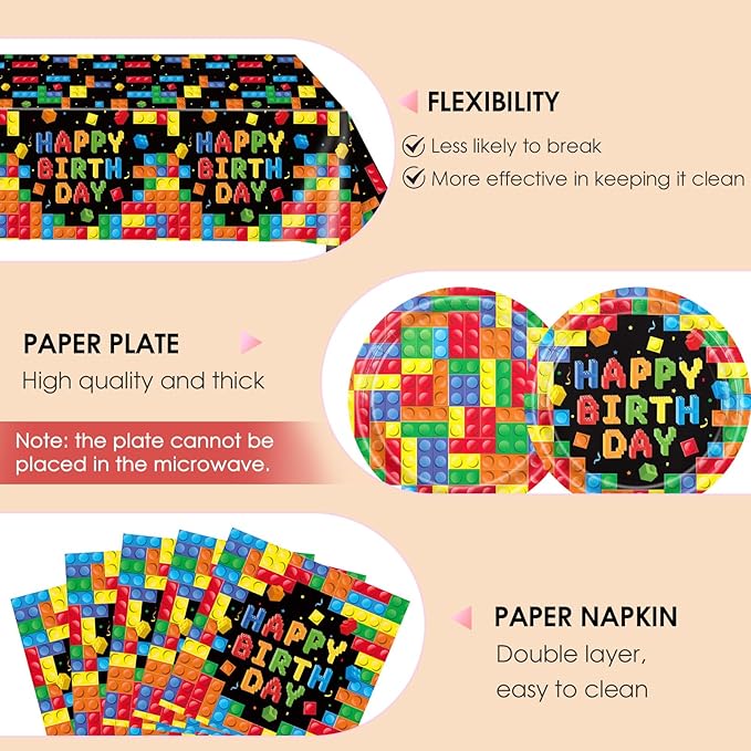 41 PCS Building Block Party Supplies,Colorful Paper Plates and Napkins with Building Block Disposable Plastic Table Cover for Happy Building Blocks Themed Birthday,Building Blocks Party ,Serves 20
