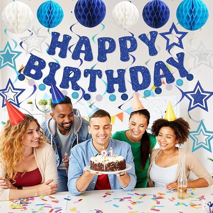 Amandir Birthday Decorations for Boys Men, Glitter Happy Birthday Banner with Honeycomb Balls, Star Hanging Swirls Streamers, Circle Dots Garland, Blue Birthday Party Decorations Supplies Girls Women