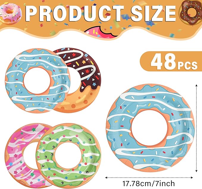 48Pcs Donut Paper Plates, 7in Donut Party Decorations Disposable Dessert Plates Tableware Dinnerware Set for Baby Shower Donut Themed Birthday Party Supplies