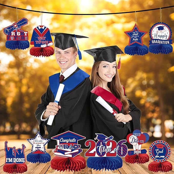 10PCS Graduation Party Decorations Class of 2026 Congrats Grad Table Centerpieces Congratulate Graduation Honeycomb Table Toppers for Graduation Party Supplies(Blue Red)