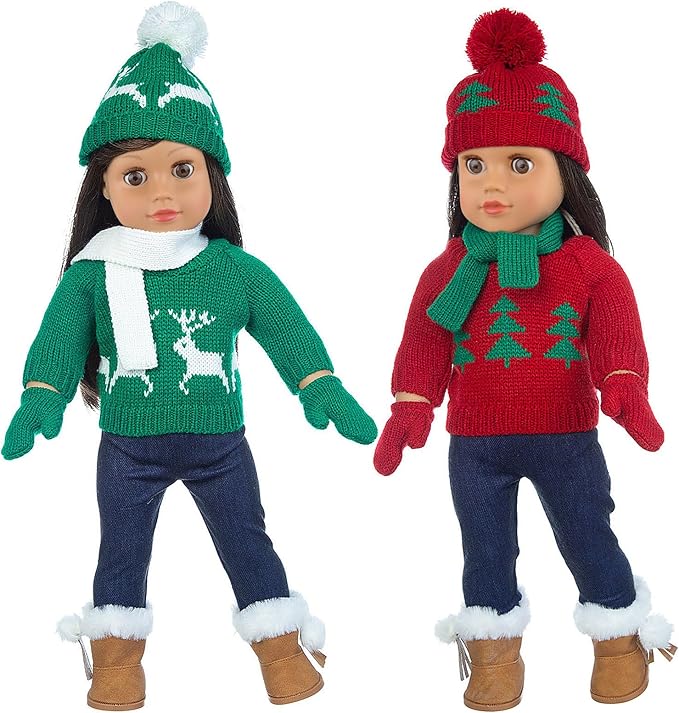 Ecore Fun 2 Sets American 18 Inch Doll Clothes Winter Christmas Outfit and Accessories Including Sweaters Trousers Hats and Scarfs