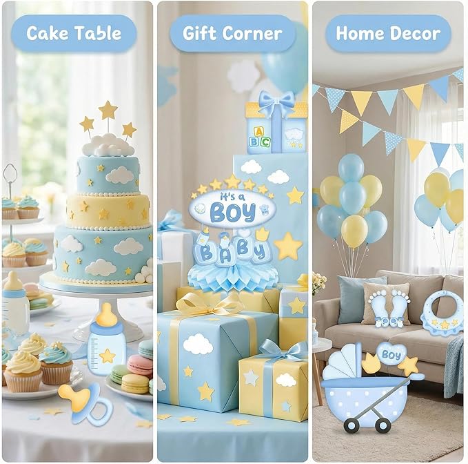 9Pcs Baby Shower Decorations Honeycomb Centerpieces for Boy, Cute Pattern It's a Boy Gender Reveal Table Centerpiece, Gender Reveal Party Supplies (Blue)