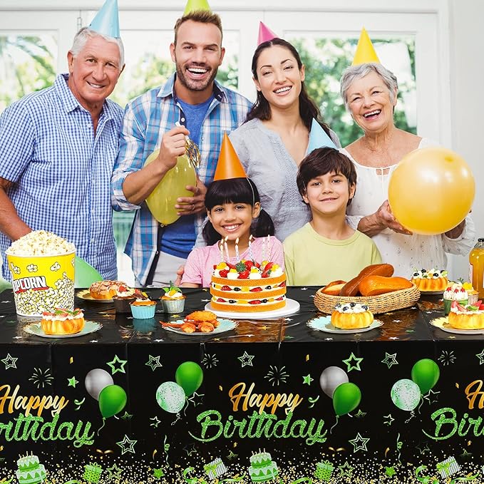Breling Birthday Party Supplies Confetti Sprinkles Happy Birthday Tablecloths Starry Table Covers for Party Decorations, 54 x 108 Inches(Green and Black,3 Pack)