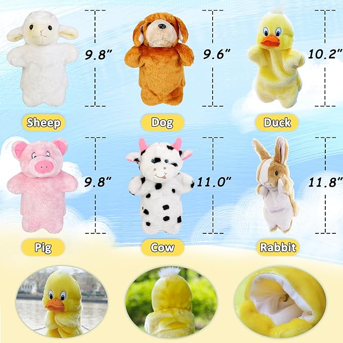 RIY Hand Puppets for Kids - Farm Friend Animals Educational Puppet, Set of 6(Duck, Cow, Sheep, Pig, Dog, Rabbit)