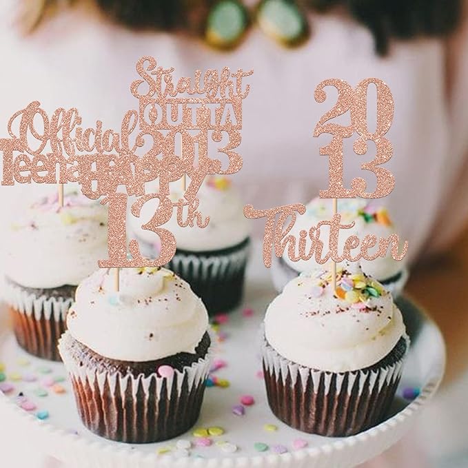 30PCS 13th Birthday Cupcake Toppers Glitter Thirteen Happy 13 Straight Outta 2013 Cupcake Picks for Cheers to 13 Years 13th Birthday Anniversary Party Decorations Supplies Rose Gold