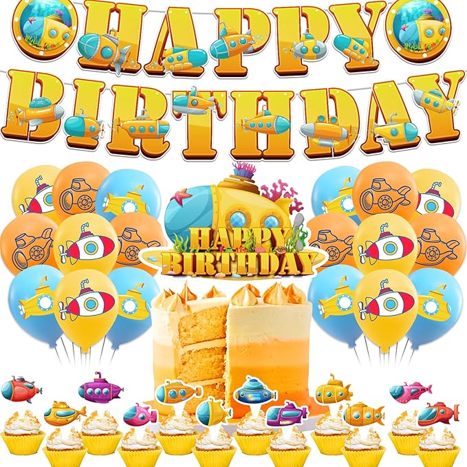 Submarine Party Decorations Submarine Birthday Party Supplies Includes Submarine Happy Birthday Banner Cake Topper Cupcake Toppers Balloons for Ocean Theme Party Baby Shower Decorations