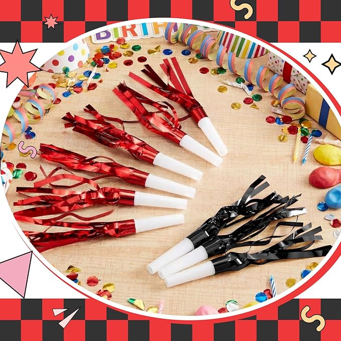 Sumind 24 Pcs Black and Red Noise Makers Glitter Noise Makers Metallic Fringed Party Blowers for Adults Birthday Graduation Sporting Events 2026 New Years Party Favor Supplies