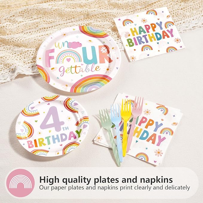 96Pcs Boho Rainbow 4th Birthday Decorations Pastel Rainbow Birthday Plates and Napkins Colorful Un Four Gettable Decoration Favors for Kids Girls 4 Years Old Bday Princess Party Supplies Serves 24