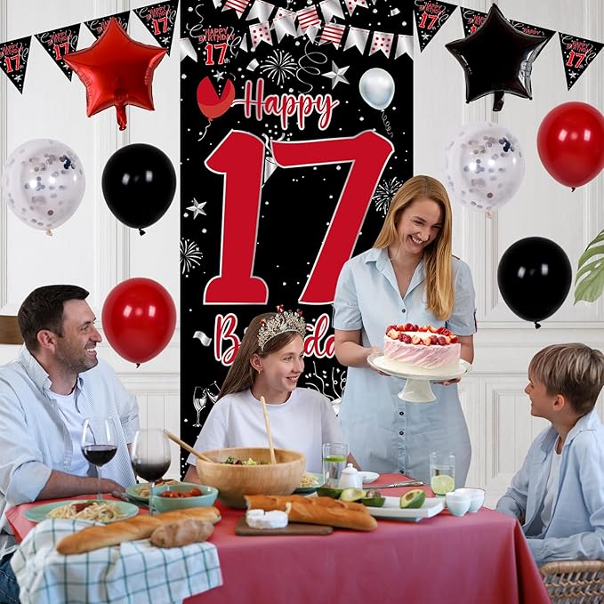 17th Birthday Decorations for Boys, Red Black Happy 17th Birthday Balloons Decorations for Girls, Boy 17 Year Old Door Banner, Triangle Flag, Large 17 Balloons Decor for 17 Bday Party Supplies