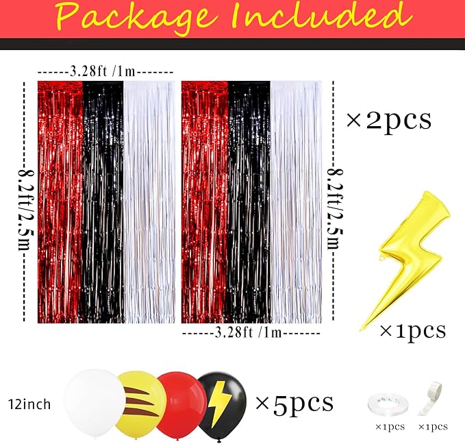 23Pcs Cartoon Ball Birthday Decorations, Red Black White 3.3x8.2ft Tinsel Foil Fringe Curtains Banners and Cute Balloons for Anime Pika Theme Birthday Party Decorations Boys and Girls Party Supplies