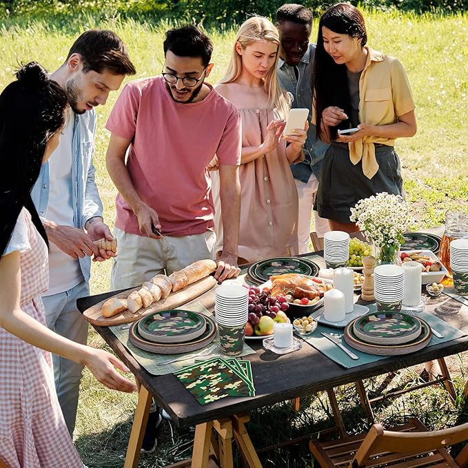 durony 96 Pieces Camouflage Themed Party Supplies Serve 24 Include Dinner Paper Plates Luncheon Napkins Party Cups for Camouflages Hunting Army Military Civil War Party Decorations