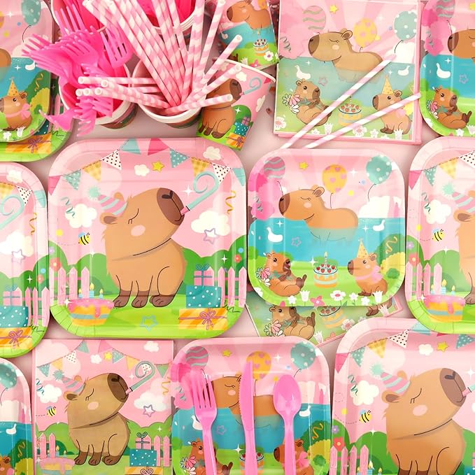 Pink Capybara Birthday Party Decorations - Capybara Party Supplies including Banner, Plate, Cake Topper, Cup, Napkin, Balloon, Tablecloth - Serves 20