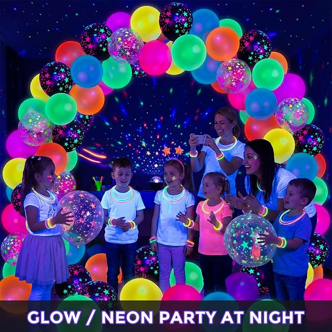 LovesTown 66PCS UV Neon Glow Party Set, 12" Fluorescent Glow Latex Decorations with Stars for Birthday, Wedding & Party Supplies