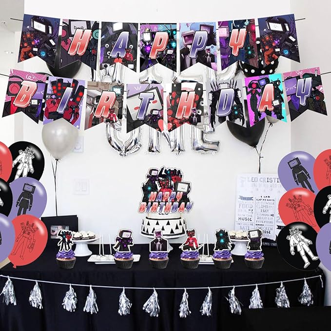 Titan TV Man Birthday Party Supplies, Multicolor, Includes Happy Birthday Banners, Balloons, Cake Toppers and Cupcake Toppers for Kids Gifts