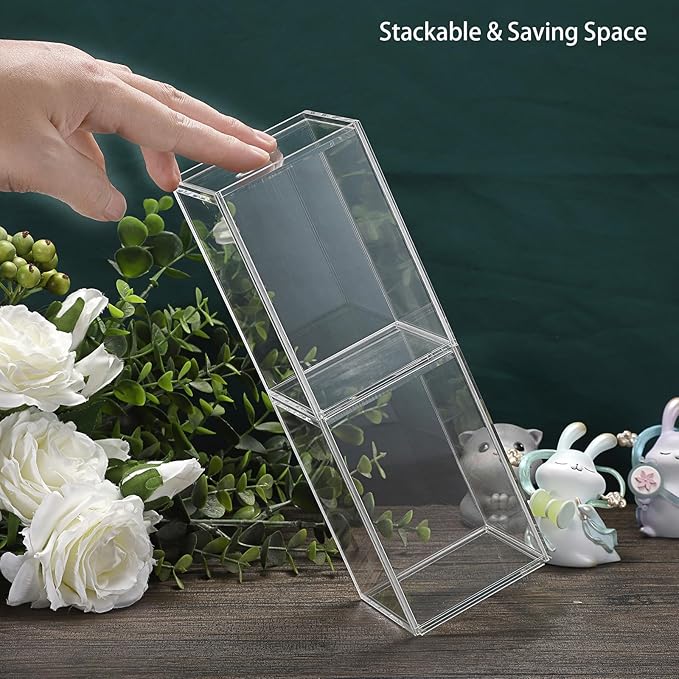 JUXYES 2 Pack Clear Display Case for Mini Action Figures, Acrylic Box with Sliding Door, Stackable Cube Small Showcase, Free Standing Collectibles Protection, 3x3x4.5 Inches