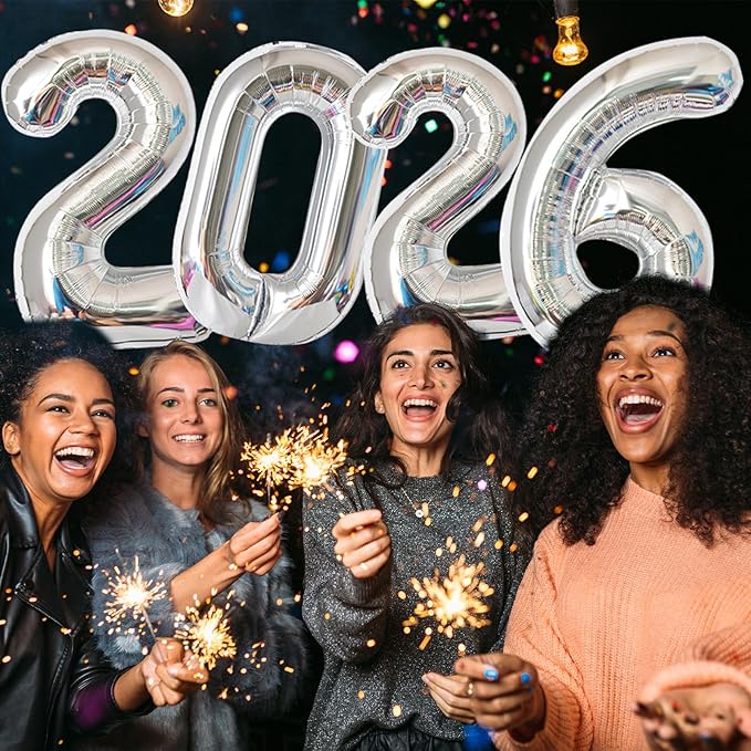 KALOR 32 Inch 2026 Silver Foil Number Balloons, 2026 New Years Decorations for 2026 Happy New Year Eve and Graduations Party Supplies