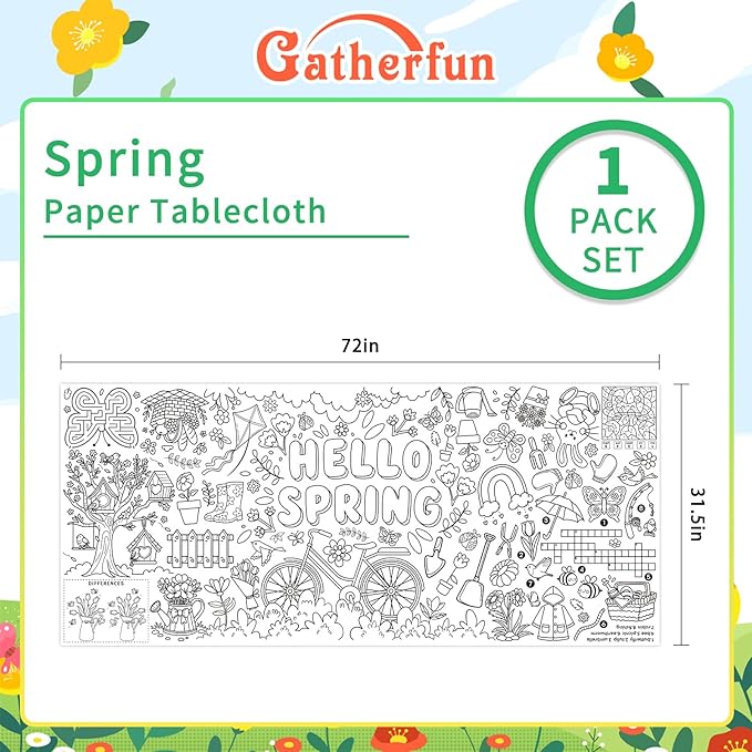 Gatherfun Hello Spring Giant Coloring Poster for Classroom - 31.5x72 Versatile Spring Activity Poster/Table Cover for School Parties,Birthday & Special Events Decoration
