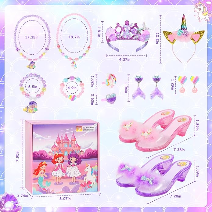 Princess Dress Up Shoes, Toddler Dress up Set, Pretend Play Princess Shoes Set with Crown Earrings Necklaces Ring Role Play Toys for Girls Aged 3-6 Years Old Multicolor