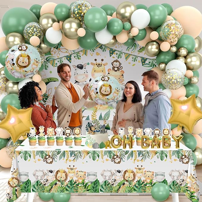 Sage Green Baby Shower Decorations for Girl Boy, Neutral Party Supplies - Green Balloon Arch Garland Kit, Animal Backdrop Tablecloth for Baby Shower Gender Reveal,Boy Girl Birthday Party decorations