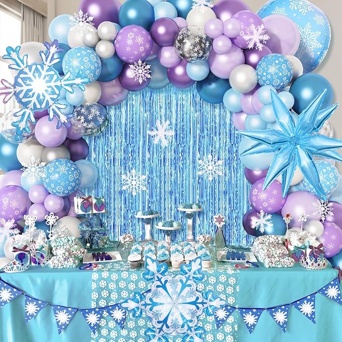 Amandir 162PCS Snow Birthday Party Supplies, Snow Balloon Garland Arch Kit Fringe Curtain Blue Purple Snowflake Confetti Balloons Princess Winter Wonderland Girl Baby Party Decorations