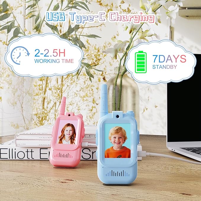 Video Walkie Talkies for Kids, 2 Pack Rechargeable Toddler Toys with HD Camera, Indoor Outdoor Toys for Family Games, Outside, Camping, Hiking for Boys Girls Ages 3-12 (Blue/Pink)
