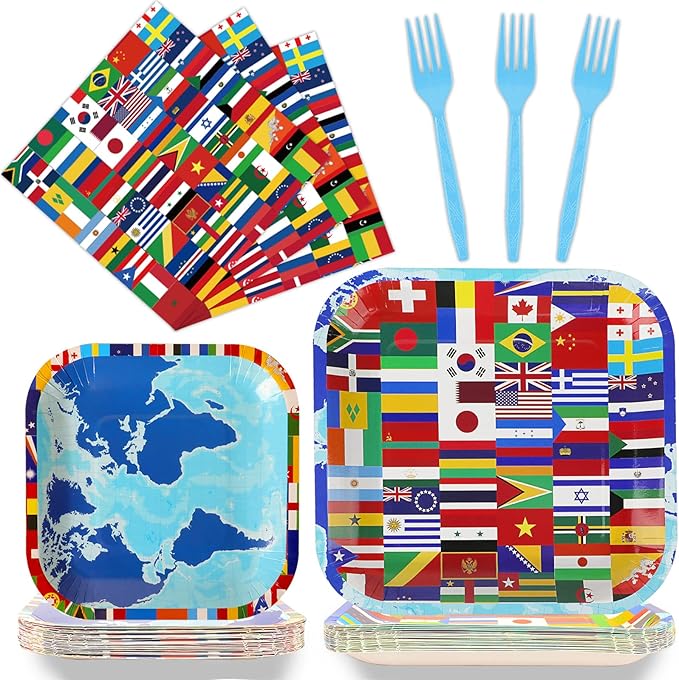 gisgfim 96 Pcs International World Flags Plates and Napkins Party Supplies Travel Trip Around the Globe Tableware Set Retirement Party Decorations Favors for Birthday Baby Shower Serves 24