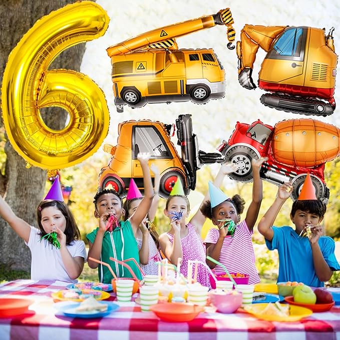 Construction Birthday Party Supplies 6 Year Old, Large Construction Balloons 40Inch Gold Number 6 Balloons Construction Truck Foil Balloons for Boys 6th Construction Birthday Party Decorations