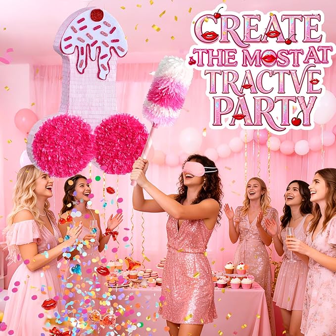 Pink Pinata for Bachelorette Party Decorations - Funny Lingerie Piñata for Bridal Shower, Hen Party, Breast Cancer Awareness Event, Girls Night Out - Includes Stick, Mask & Confetti