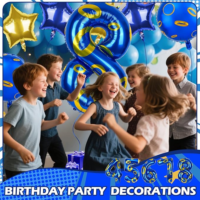 40 Inch Blue and Golden Ring Themed Number Balloon, Number Block Foil Number 8 Balloons Large Big Numbers Helium Balloon for Girls Boys 8th Birthday Theme Party Decorations (Number 8)