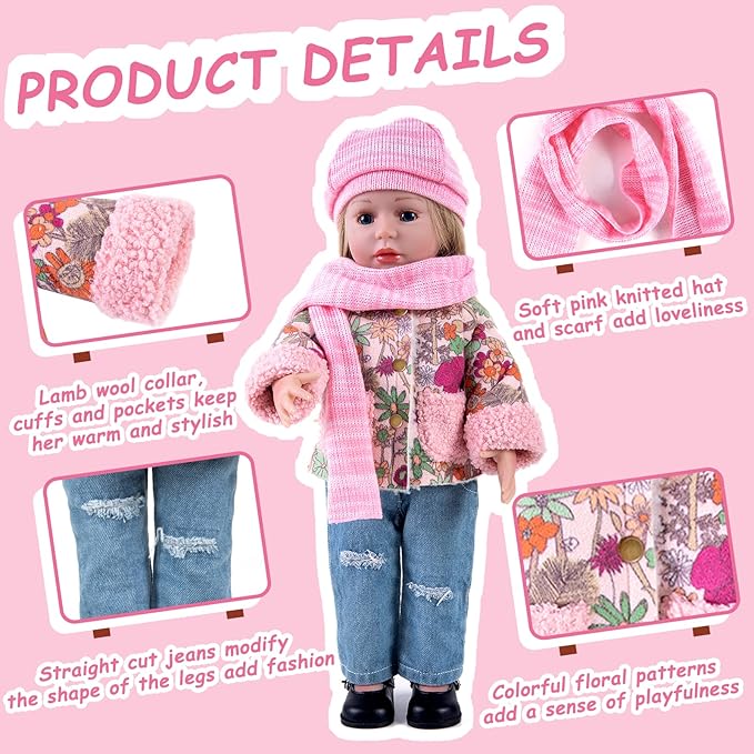 Doll Clothes 4 Piece Set Includes Pink Flower Snow Jacket, Knitted Wool Hat, Scarf and Hipster Jeans Fits for 18" American Girl Dolls (Doll and Shoes Not Included)
