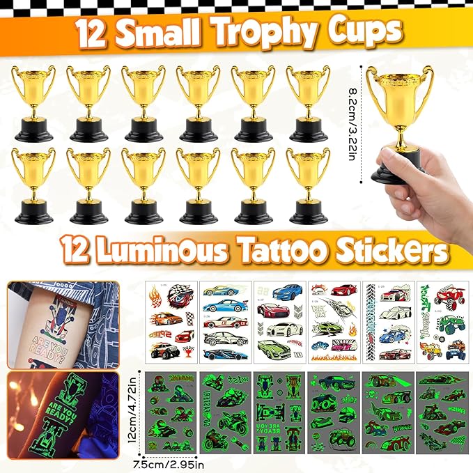 Race Car Party Favors Birthday Goodie Bags Supplies, Mini Race Car Trophy Cup Coloring Card with Crayon Gift Box Tattoo Sticker Paper Glasses, Boy Girl Kid Class Prize Racing Cars Birthday Decor