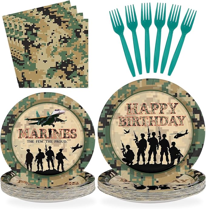 96Pcs Military Camo Birthday Party Supplies Army Camouflage Plates and Napkins Disposable Solider Themed Tableware Set for Boys Men Birthday Camping Hunting Party Decorations Serves 24