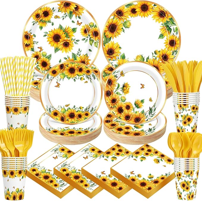 450 Pcs Sunflower Birthday Tableware Set Decorations Floral Paper Plates Napkins Cups Cutlery Straws for Yellow Birthday Wedding Bridal Shower Baby Shower Decorations, Serves 50