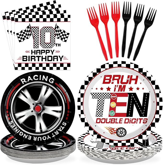 Grencian 96Pcs Race Car 10th Birthday Party Supplies Bruh I’m Ten Plates and Napkins Racing Car Double Digits Tableware for 10 year old Boys Racing Car Birthday Party Decorations Serve 24