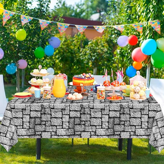 WNINK 2 Pack Stone Wall Tablecloths, Medieval Brick Stone Plastic Table Cover Decoration for Halloween Birthday Party Supplies Medieval Castle Knight Themed