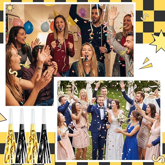 Sumind 24 Pcs Black and Gold Noise Makers Glitter Noise Makers Metallic Fringed Party Blowers for Adults Birthday Graduation Sporting Events 2026 New Years Party Favor Supplies