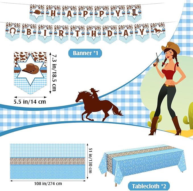 Gejoy 171 Pcs Western Cowboy Birthday Party Tableware Supplies for 24 Guests Cowboy Plates Napkins Birthday Banners Tablecloths Cups Knives Forks and Spoons for Party Decorations