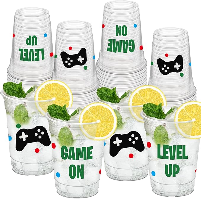 50 Pcs Video Game Party Cups, 12 oz Gaming Theme Cups Level up Clear Plastic Cup for Gamer Birthday Supplies Video Game Party Favors