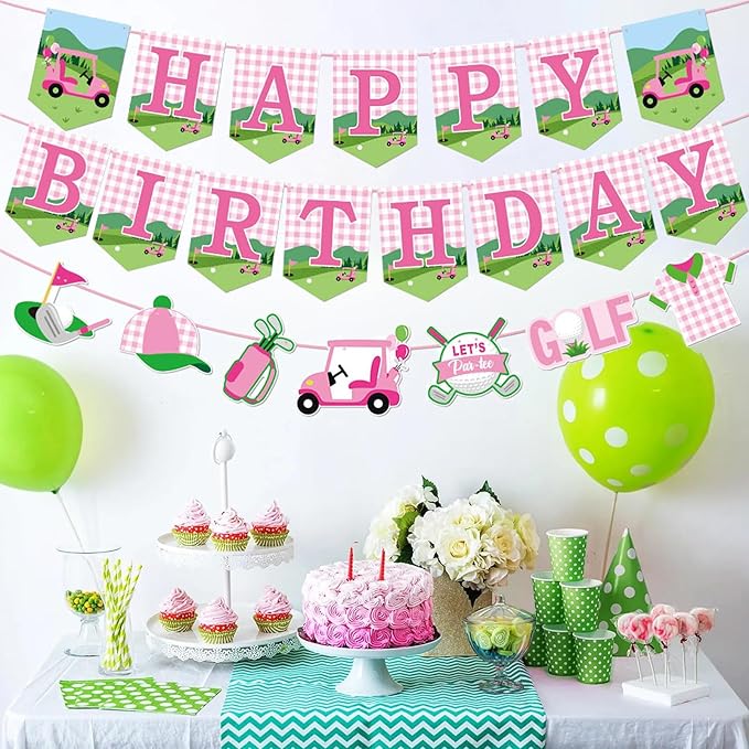 Zwiebeco Pink Green Golf Happy Birthday Banner Bunting Garland Hanging Paper Party Decorations for Girls Womens Adults Golf Sports Themed Bday Decor Accessories Supplies