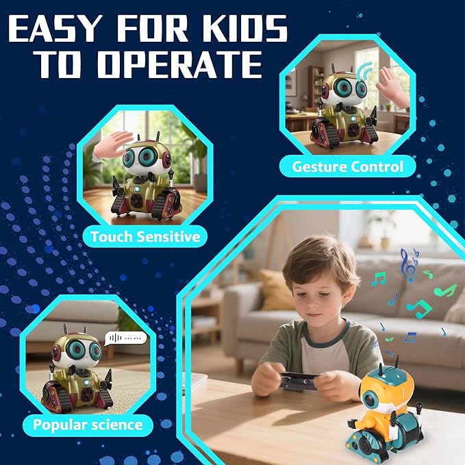 Robot Toy for Kids, Rechargeable Remote Control Robot, Intelligent Programming Function, Gesture Sensing, Auto-Demonstration of Music and Dance, Fun Gift for Boys Girls(Gold)