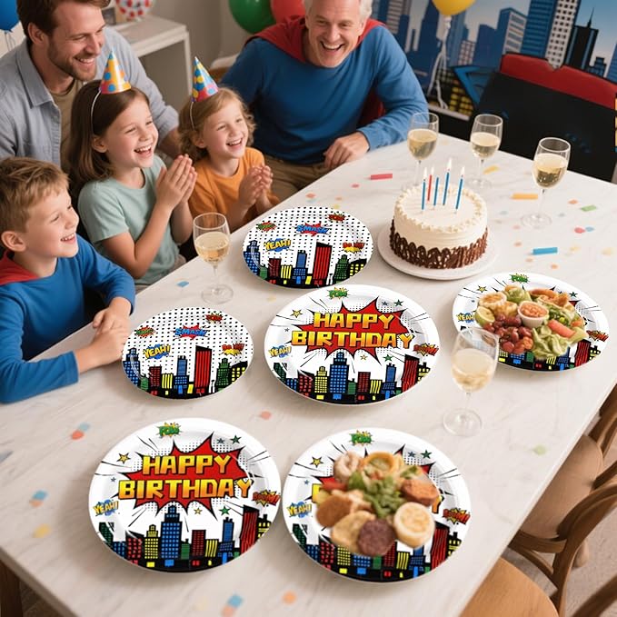 Grencian 96Pcs Super Theme Hero Party Supplies White Comic Hero Plates and Napkins Hero's Action Sign Cityscape Tableware Sets for Kids Baby Shower Hero Spider themed Party Decorations Favors Serve 24