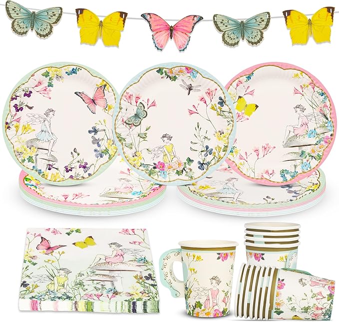 Talking Tables 50pcs Fairy Party Wildflower Decorations Disposable Tableware Butterfly Bunting, Paper Cups, Plates Pretty Napkins Kids Birthday, Mother's Day, Afternoon Tea, Baby Shower for 16 Guests