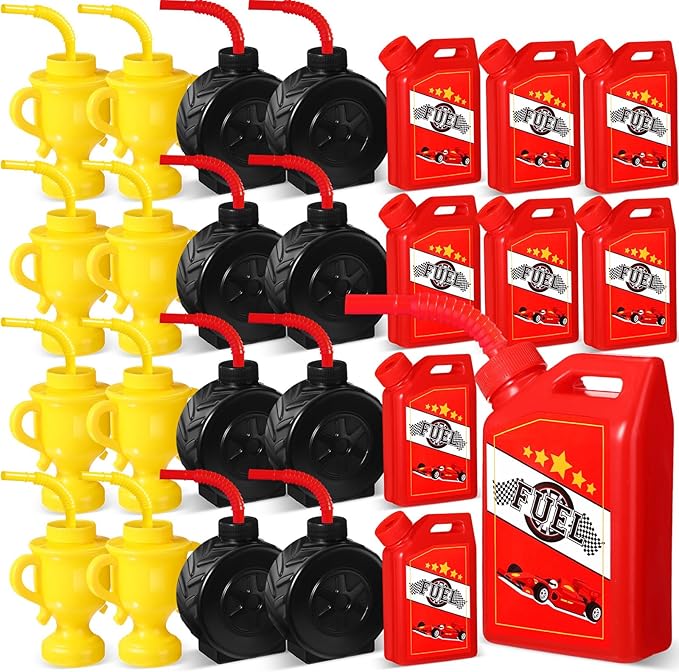Mifoci 24 Pcs Race Car Cups with Straws Plastic Traffic Tire Shaped Cup Red Race Car Fuel Cups Yellow Trophy Cups Race Car Party Supplies for Racing Car Construction Birthday Party Decoration