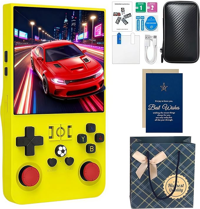 R36MAX Retro Handheld Game Console with Gift Card & Premium Bag, 4.0 Inch IPS Screen, 21,000+ Classic Game, Portable Linux System, 4000mAh Battery Retro Gaming Console (Yellow Set)