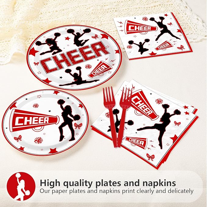 96Pcs Cheerleading Party Supplies Cheerleader and Loudspeaker Plates and Napkins Red Black White Cheerleader Tableware Set for Team Cheer Sports Gymnastics Birthday Party Supplies，Serves 24